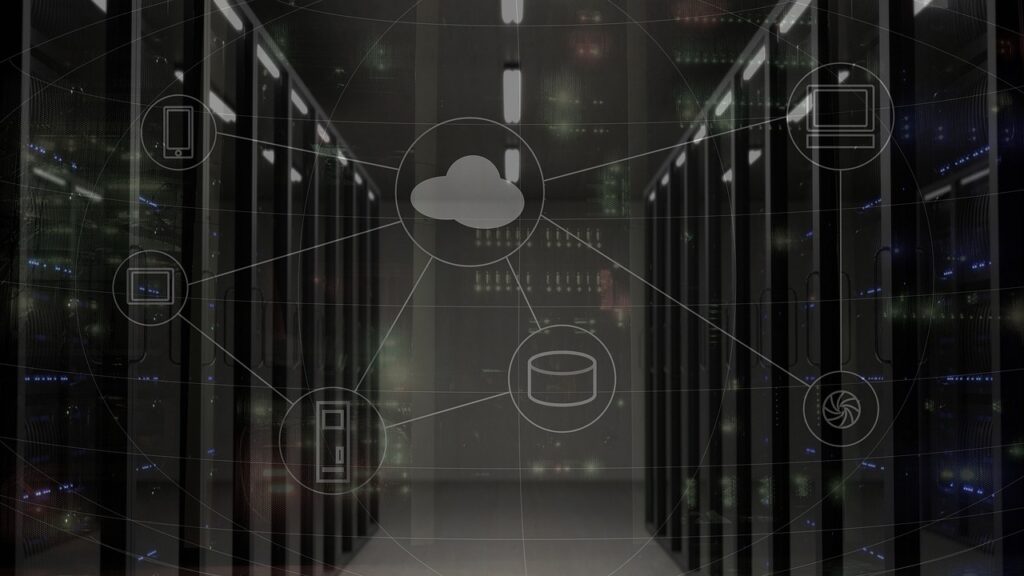 Data center network with cloud connectivity overlay, representing modern disaster recovery and backup solutions for businesses